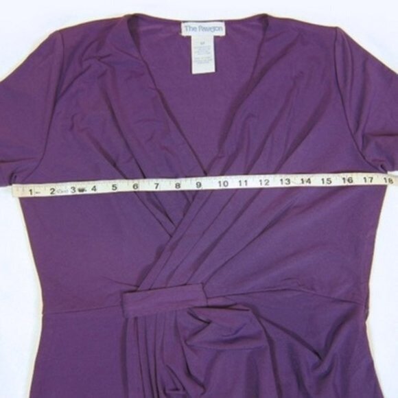Purple Faux Wrap Dress Medium Slimming Drape Short Sleeve V-neck The Paragon NEW - Picture 7 of 8